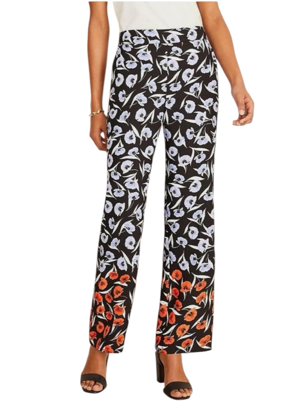 ANN TAYLOR Black Blue Salmon Poppies Wide Leg High Rise Pants Size 4 -- CLASSY!!